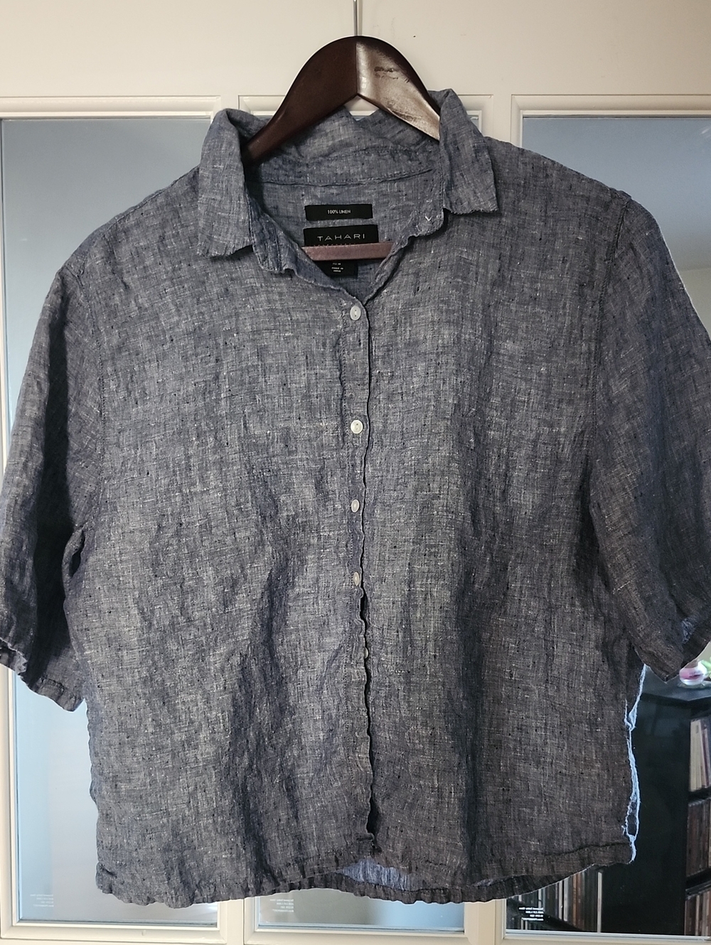 Tahari Womens Heathered Navy Short-Sleeve 100 % Linen Button-Down Shirt